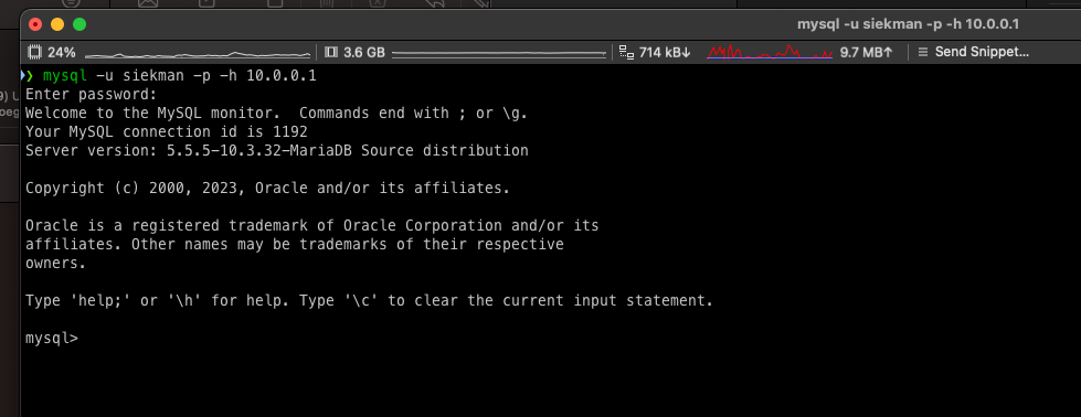 MySQL terminal verbinding met MariaDB op 10.0.0.1