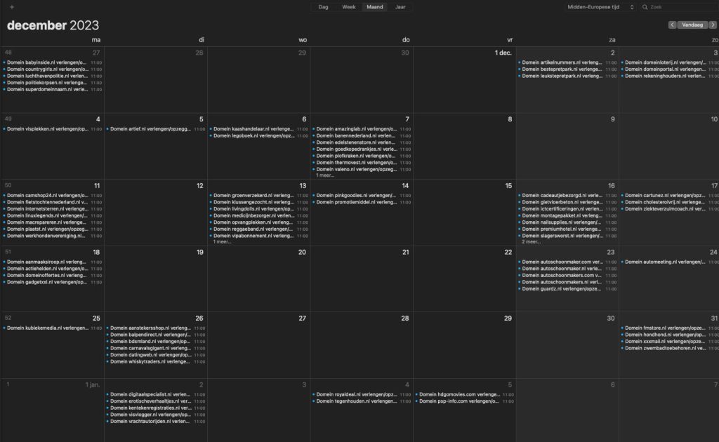 Apple Calendar gevuld met TransIP domein-verlengherinneringen voor december 2023