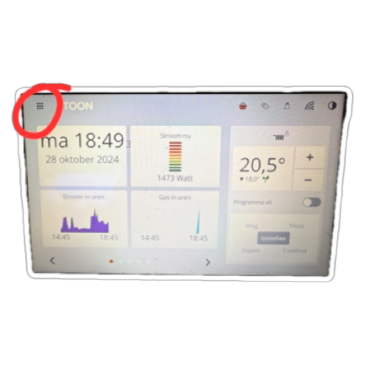 Toon homescreen met TSC-knop aangewezen linksboven