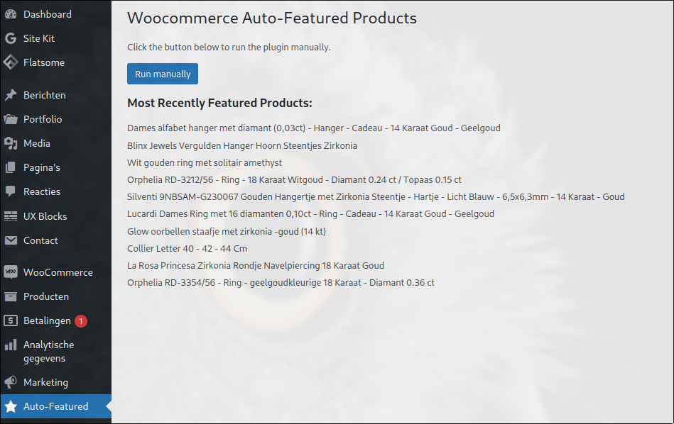 WooCommerce Auto-Featured Products plugin admin dashboard met recent uitgelichte producten