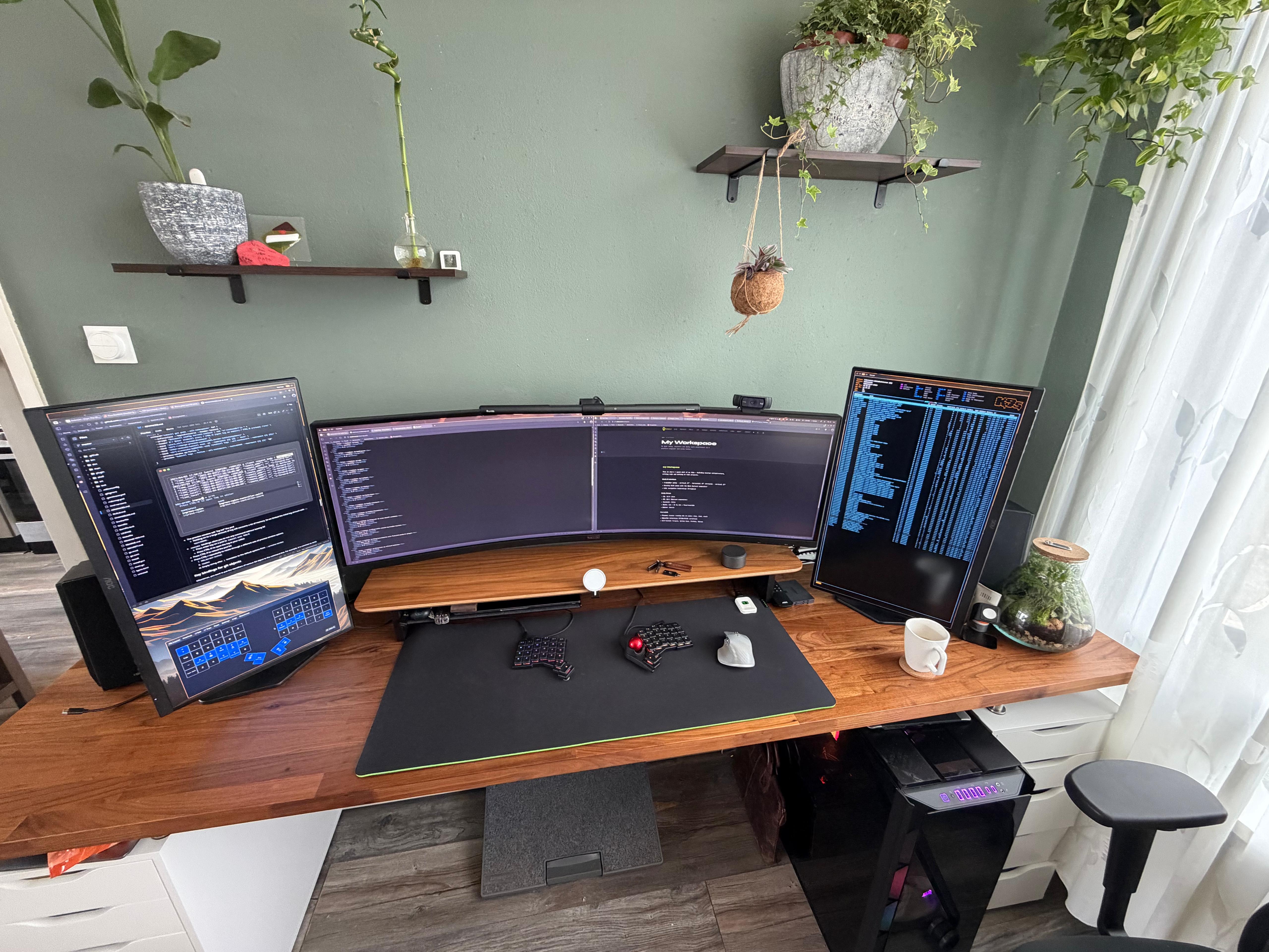 Overzicht van mijn werkplek met drie monitors, houten bureau en planten aan de muur